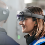 Woman using Microsoft HoloLens 2. Lifestyle photography. Contextual imagery.